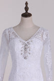 2024 V-Neck 3/4 Length Sleeve Wedding Dresses Mermaid Tulle With Beads And Applique Court Train