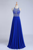 2024 Halter A-Line/Princess Dark Royal Blue Prom Dresses Tulle And Chiffon Sweep Train