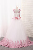 2024 Scoop A Line Tulle Flower Girl Dresses With Applique And Handmade Flowers