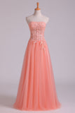 2024 New Arrival Strapless A Line Prom Dresses Tulle With Applique