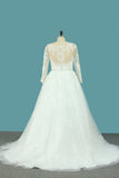 2024 A Line Tulle V Neck Long Sleeves Wedding Dresses With Applique And Beads Sweep Train