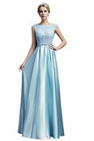 Elegant A-Line Applique Round Neck Lace Satin Ball Gown Evening Prom Dress