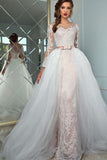 2024 Scoop Long Sleeves Sheath Wedding Dresses Tulle With Applique Chapel Train Detachable