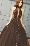 Sexy Ball Gown High Neck Black Tulle V Neck Sequins Party Dresses, Prom Dresses