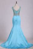 2024 Hot And New Arrival See-Through Scoop Prom Dresses With Beading Sweep Train Satin