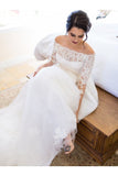 A-Line/Princess Tulle Lace Off-The-Shoulder Long Sleeves Sweep/Brush Train Wedding Dresses