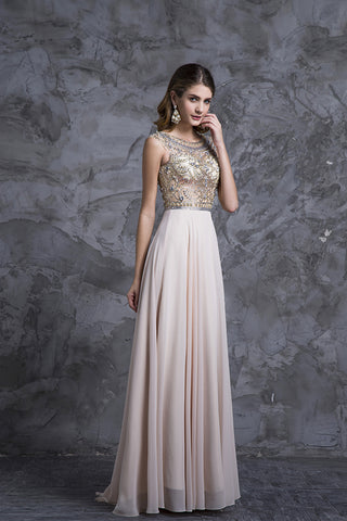 2024 Prom Dresses A-Line Scoop Beaded Bodice Floor-Length Chiffon Zipper Back