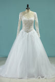 2024 Scoop A-Line Wedding Dresses Court Train Tulle With Applique Long Sleeves