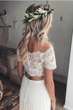 Off Shoulder Lace Top Chiffon Two Piece Beach Wedding Dress With Half Sleeve