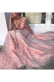 2024 Elegant Pink V Neck Floral Lace Long Prom Dresses Spaghetti Strap Formal Dress