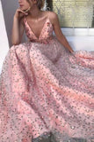 2024 Elegant Pink V Neck Floral Lace Long Prom Dresses Spaghetti Strap Formal Dress