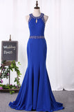 2024 Satin Scoop Mermaid Prom Dresses With Beading Sweep Train