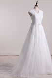 2024 A Line V Neck With Applique Wedding Dresses Tulle Court Train