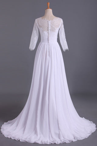 2024 Bateau 3/4 Length Sleeve A Line Wedding Dresses Chiffon With Applique & Handmade Flower