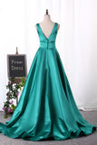 2024 V Neck Evening Dresses A Line Satin Sweep Train Open Back