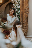 A-Line Ivory Sweep Train Tulle Long Sleeves Long Beach Wedding Dresses With Ruffles