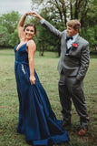 Straps A-Line Beaded Navy Blue Prom Dress With Pockets