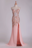 2024 New Arrival Beaded Bodice Chiffon With Slit Sheath Sweep Train Prom Dresses