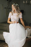 Off Shoulder Lace Top Chiffon Two Piece Beach Wedding Dress With Half Sleeve