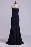 2024 Bateau Prom Dresses Mermaid Chiffon Floor Length With Beading