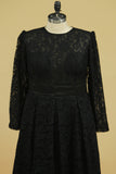 2024 Plus Size A-Line Long Sleeves Lace Prom Dresses Black Asymmetrical