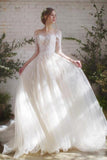 Romantic 3/4 Sleeves Illusion Neckline Appliques Wedding Dresses