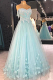 Cheap A Line Strapless Floor Length Tulle Prom Dress With Flowers, Appliqued Formal Dress