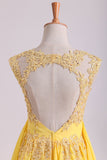 2024 Enchanted Bateau A-Line Court Train Prom Dresses With Applique & Bow-Knot Daffodil