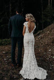 Backless Lace Mermaid Wedding Dresses Cap Sleeve Bridal Gown