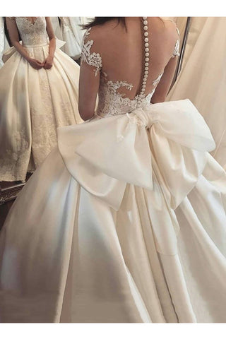 2024 Bow Knot Wedding Dresses V Neck Short Sleeve A Line Satin With Applique Court Train