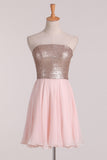 2024 New Arrival Strapless Homecoming Dresses Sequined Bodice Chiffon A Line