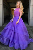 2024 Scoop A-Line Prom Dress Sweep Train Lace Bodice Tulle