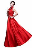 Elegant A-Line Applique Round Neck Lace Satin Ball Gown Evening Prom Dress