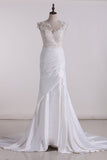 2024 Deep V Back Scoop Stretch Satin With Applique And Ruffles Wedding Dresses