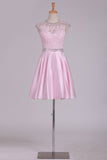 2024 A Line Homecoming Dresses Scoop Cap Sleeves Satin Short/Mini