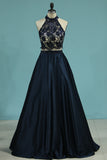 2024 New Prom Dresses A-Line Scoop Floor-Length Lace And Satin With Side Pockets