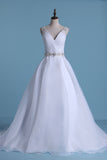 2024 Open Back V Neck Wedding Dresses Organza With Beads And Ruffles