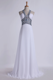 2024 Halter Prom Dresses A-Line Pick Up Long Chiffon Skirt Ruffled With Crystal Beading