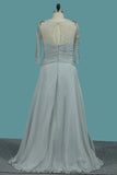 2024 Chiffon Mother Of The Bride Dresses Half Sleeves Scoop Pleated Bodice With Beading