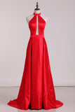 New Arrival Halter A Line Evening Dresses Satin Sweep Train