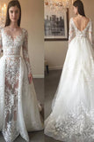 2024 New Arrival Scoop Neck Wedding Dresses See Through Tulle With Applique & Beading Detachable Skirt Long Sleeves