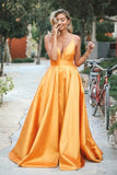 Spaghetti-Straps Elegant V-Neck Backless Sleeveless Prom Dresses