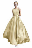 Elegant A-Line Applique Round Neck Lace Satin Ball Gown Evening Prom Dress