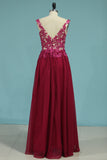 2024 Prom Dresses V Neck 30D Chiffon With Applique Sweep Train A Line