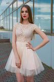 Jewel Neck Lace Top Tulle Cap Sleeves Homecoming Dress