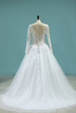 2024 Scoop A-Line Wedding Dresses Court Train Tulle With Applique Long Sleeves