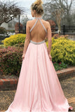 Elegant Charming Long Open Back Beading A-Line Pink Prom Dresses With Pockets