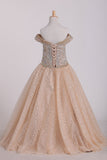 2024 Boat Neck Tulle With Beads Ball Gown Flower Girl Dresses Floor Length