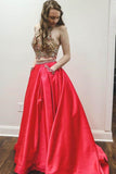 2024 Prom Dresses A-Line Halter Sweep Train Satin Beads&Sequins