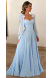 2024 Sky Blue Long Chiffon Prom Dresses With Sleeves Modest Formal Dress